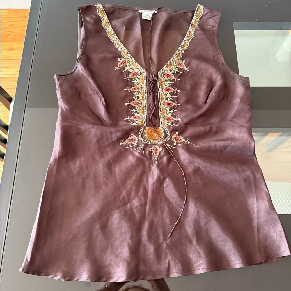 Cache Brown Embellished Sleeveless Blouse Tie Front - Picture 2 of 5